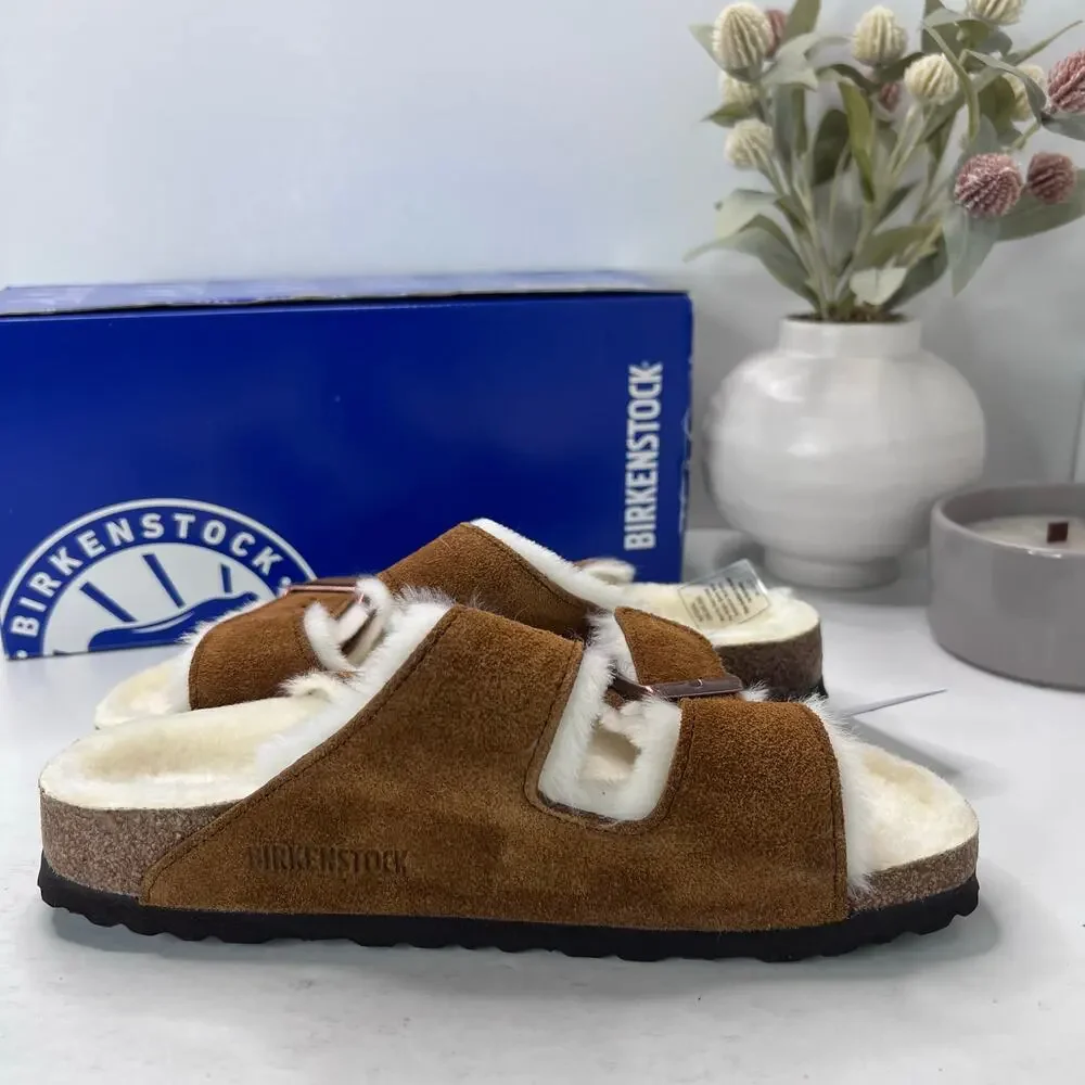Birkenstock Arizona Suede Shearling Lined Slide Mink Women 7/Men 5/EU38 Narrow